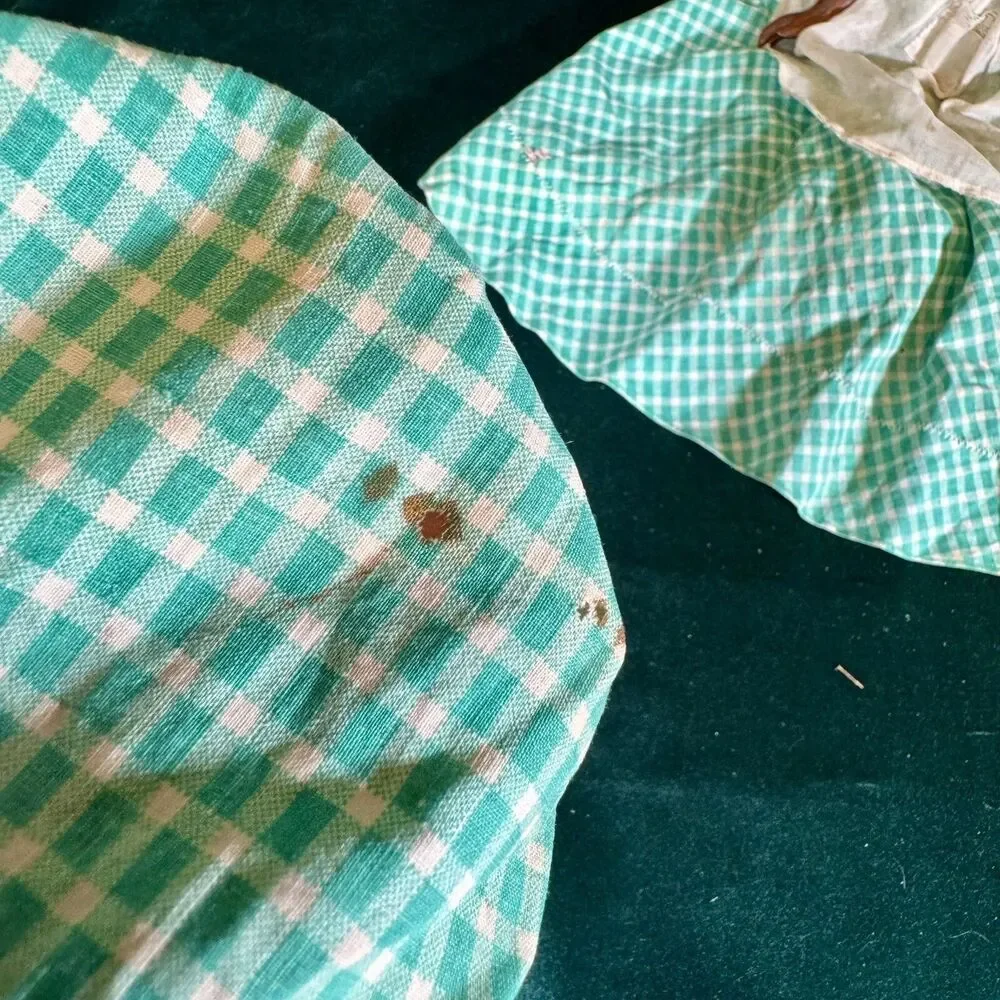 Vintage Handmade African American Doll Folk Art Decor Green Gingham Dress
